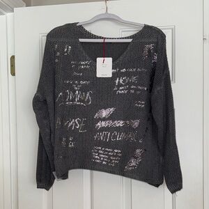 Made In Italy Gray V-Neck Sweater with Silver writing  of Words